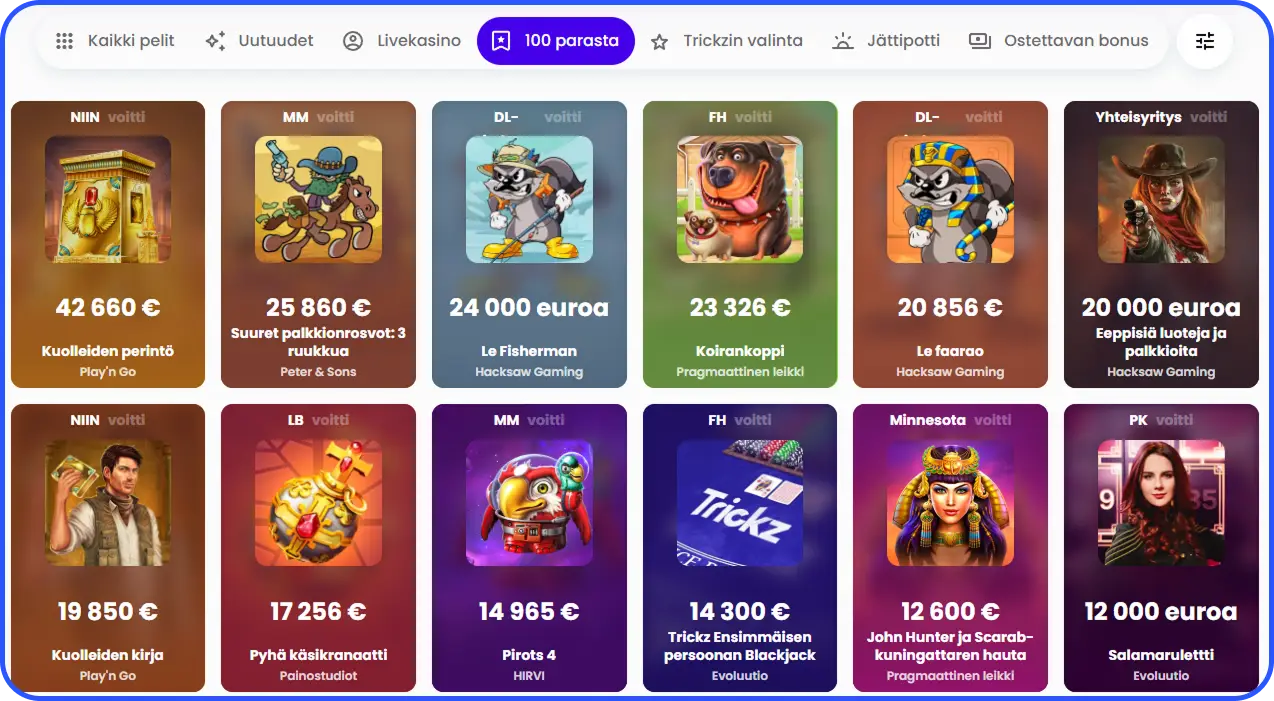 100 parasta -kategoria esittelee Trickz Casinon suosituimpia pelejä