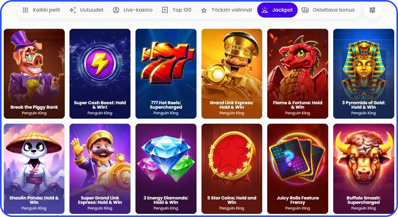 Jackpot-pelien valikoima Trickz Casinon pelikirjastossa