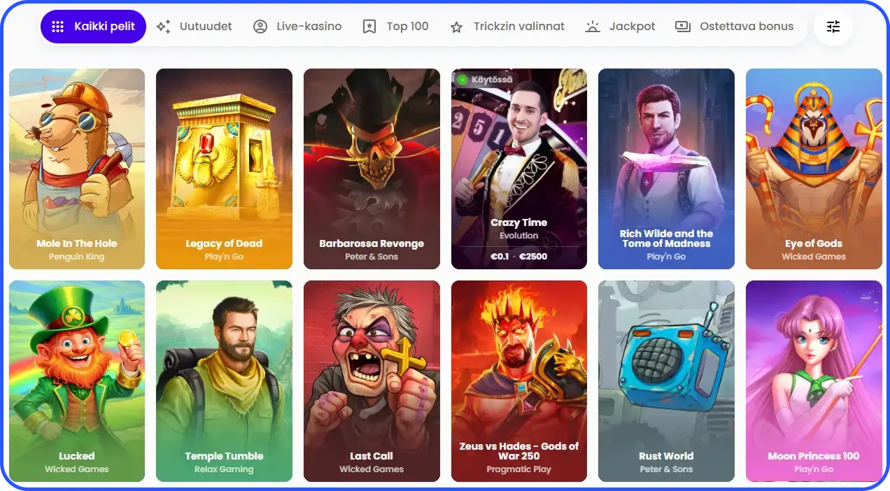 Laaja valikoima kolikkopelejä Trickz Casinon peliaulassa