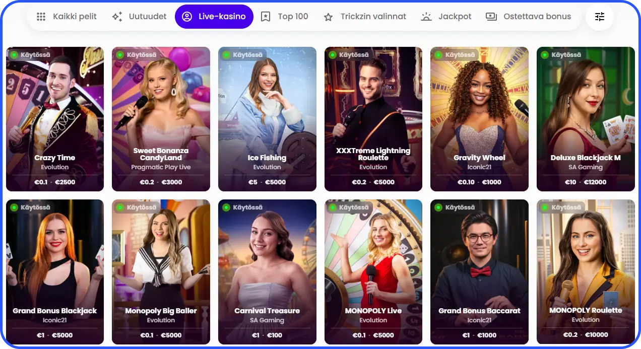 Live-kasinon pelipöydät ja suorat lähetykset Trickz Casinolla