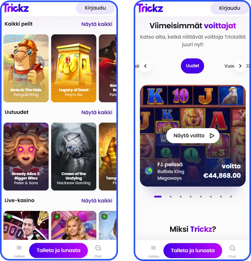 Mobiilikasinon käyttö älypuhelimella Trickz Casinon selainversiossa