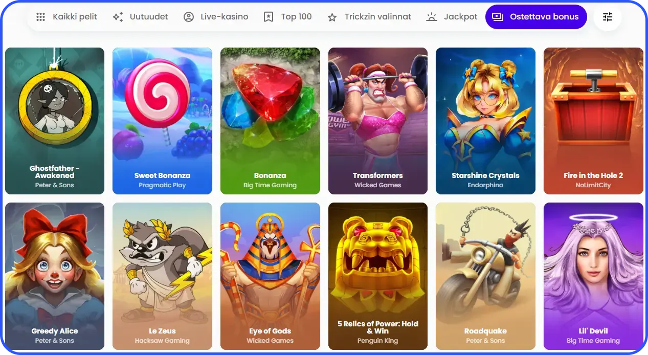 Ostettava bonus -pelit, joissa bonuskierrokset voi aktivoida heti Trickz Casinolla